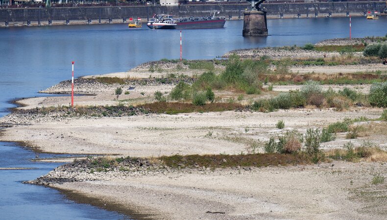 Lage waterstand met droge oevers van de Rijn in Duitsland