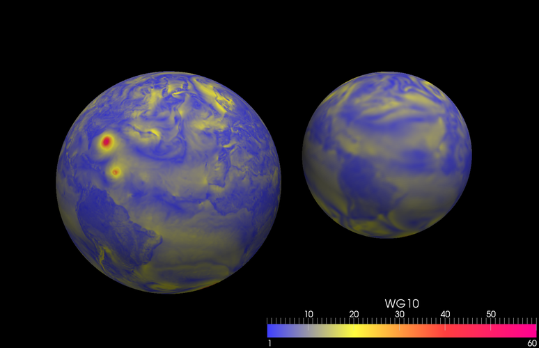 Windsnelheid in simulatie van EC-Earth: links in fijn raster, rechts in grof raster die vergelijkbaar is met andere klimaatmodellen. Links toont duidelijk tropische orkanen. Bron: KNMI/SARA