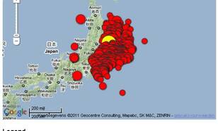 Groot aantal naschokken in Japan van vrijdag tot maandagmiddag. Bron USGS/KNMI