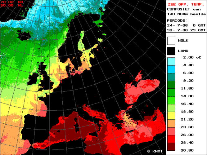 Zeewatertemperaturen in Europa