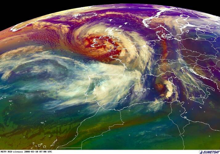 Een storm in Europa (www.meteoalarm.eu) vanuit de Meteosat MSG (Bron: Eumetsat)