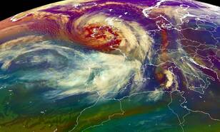 Een storm in Europa (www.meteoalarm.eu) vanuit de Meteosat MSG (Bron: Eumetsat)