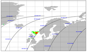 Aswolk boven de Noordzee, waargenomen door het GOME-2 satellietinstrument op 24 mei rond 12 uur. De hoeveelheid as wordt in de Absorbing Aerosol Index (AAI) uitgedrukt (Bron: KNMI)
