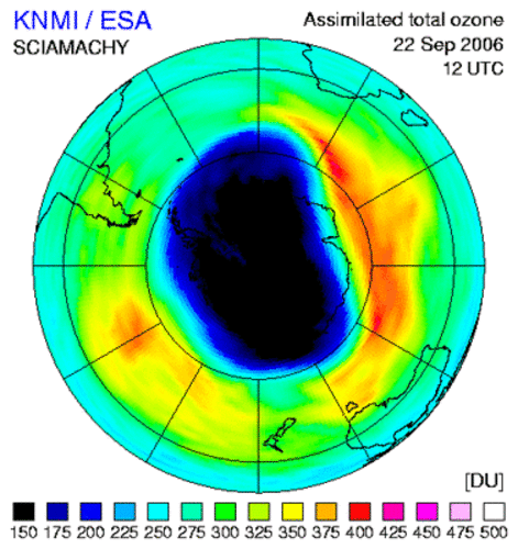 Ozongat in 2006 en 2007 (Bron: KNMI/ESA)