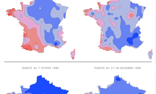 kaart met vergelijking hoogste windsnelheden stormen Frankrijk in 1976, 1990, 1997 en 1990