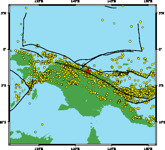 Aardbevingen vanaf 1973 tot heden met een magnitude groter dan 5,0. De aardbeving van 17 juli is met een rode ster aangegeven.