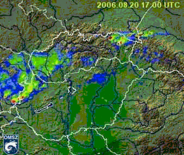 Animatie radarbeelden noodweer Budapest op 20 augustus 2006 (Bron: OMSZ)