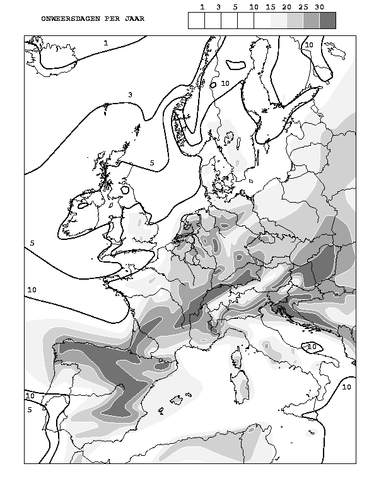 Jaarlijks aantal onweersdagen in Europa (Bron: KNMI)