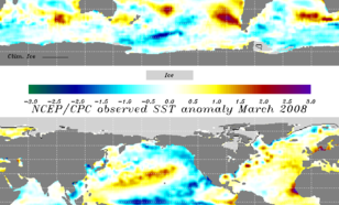 Afwijking zeewatertemperatuur in februari en maart 2008