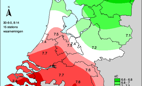 Gemiddelde temperatuur in Nederland januari-juni 2000 (kaart normaal gemiddelde 1961-1990)