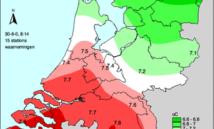 Gemiddelde temperatuur in Nederland januari-juni 2000 (kaart normaal gemiddelde 1961-1990)