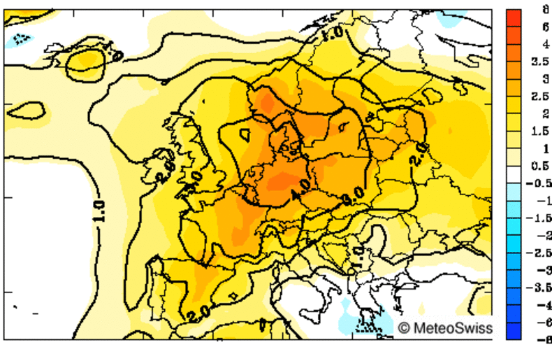 Kaartje met afwijking herfsttemperatuur 2006 van 1971-2000 in Europa (Bron: MeteoSwiss)