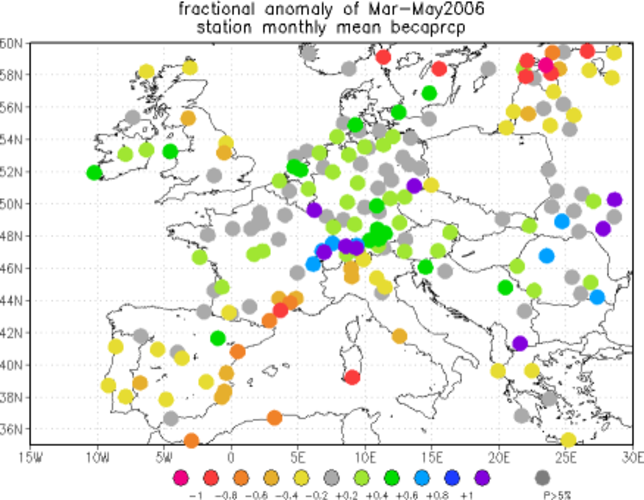 Relatieve afwijking van de gemeten neerslag maart-mei 2006 (ECA-data)