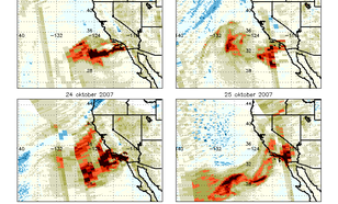 OMI-metingen verspreiding aërosolen bij de branden in Californië