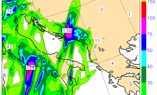 Het KNMI-Hirlam weermodel berekent ook voor Italië en Kroatie enorme hoeveelheden regen (bron: KNMI)