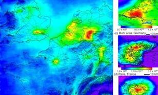 Stikstofdioxide boven West-Europa gemeten met OMI. Tropomi kan dit nog nauwkeuriger meten.