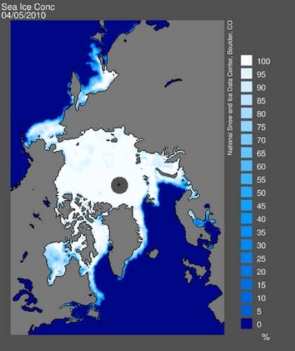 IJsbedekking begin april 2010. Er lag meer ijs dan gemiddeld over 1978-2009 in de Botnische golf en de zuidpunt van Nova Zembla en ook bij de Beringstraat, maar minder ijs bij Canada. 