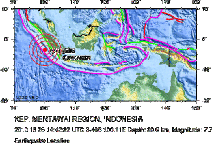 De lokatie van de aardbeving van 25 oktober 2010. (Bron: NEIS/USGS)