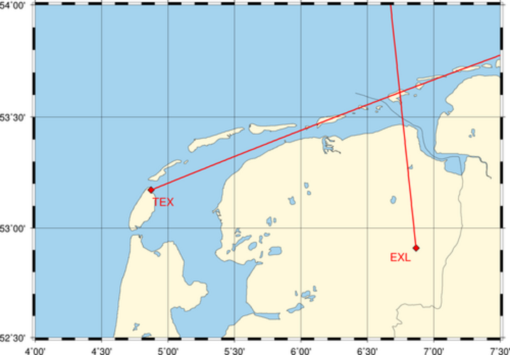 Uit kruispeilingen van de richting van het infrageluid bleek dat de trillingen zijn veroorzaakt dooe een explosie op het eiland Borkum (Bron: KNMI)