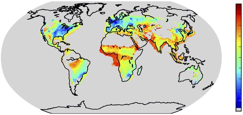 Satelliet metingen geven inzicht in de effecten van milieumaatregelen. Lage waarden (blauw): veel effect van milieumaatregelen; hoge waarden (rood): weinig of geen milieumaatregelen (Bron: KNMI)
