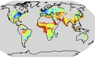 Satelliet metingen geven inzicht in de effecten van milieumaatregelen. Lage waarden (blauw): veel effect van milieumaatregelen; hoge waarden (rood): weinig of geen milieumaatregelen (Bron: KNMI)