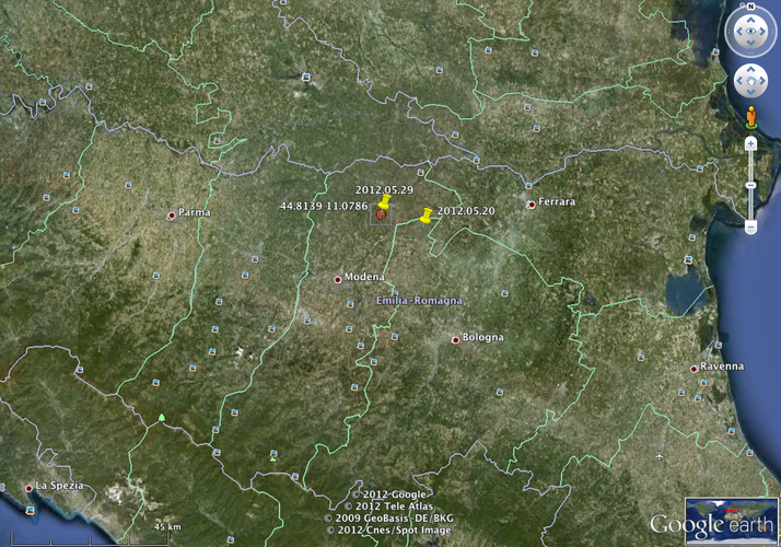 De locaties van de twee aardbevingen in Noord-Italië van mei 2012 zijn aangegeven met gele spelden. De linker speld geeft de locatie van de beving van vanochtend aan. (Bron locaties: USGS)
