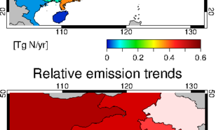 Boven: NOx emissies in 2007 voor Chinese provincies en omliggende landen. Onder: de jaarlijkse groei van NOx emissies voor dezelfde gebieden.