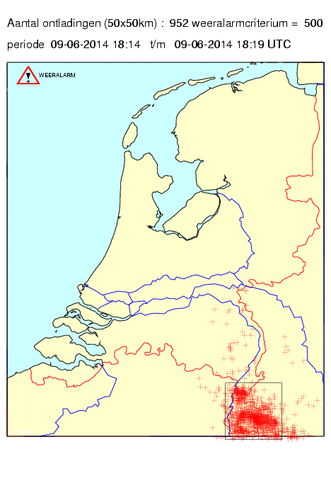 952 bliksemontladingen tussen 20.14 en 20.19 uur boven Zuid-Limburg in gebied van 50 bij 50 km. Bron: KNMI