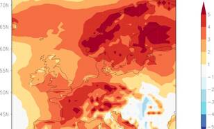 De afwijking van de gemiddelde temperatuur in Europa