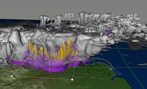 3D-visualisatie van onweerswolken en verticale windsnelheid boven Nederland. Bron: KNMI