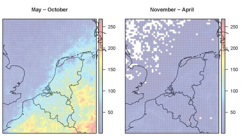 Bliksemactiviteit gemeten door Météorage (januari 2010 en oktober 2014). Zomer (mei-oktober; links), winter (november-april; rechts). De kleuren correpsonderen met het aantal 10-minuten intervallen met minstens één blikseminslag binnen10x10 km (©KNMI) 