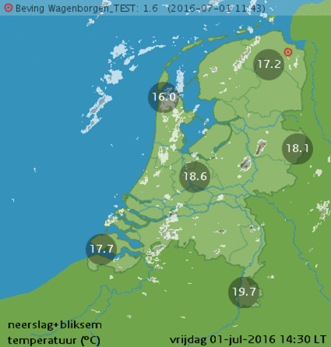 Voorbeeld hoe de meting van een aardbeving in Nederland met een rode stip op de KNMI-radarkaart wordt aangegeven. ©KNMI 