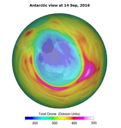 Het KNMI, verantwoordelijk voor ozonmeetinstrument OMI, presenteerde op het Ozon Symposium in Edinburgh een nieuwe methode om het begin van herstel van het ozongat boven de Zuidpool te analyseren ©KNMI