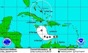 Vijfdaagse verwachting van tropische storm Matthew. bron: National Hurricane Centre