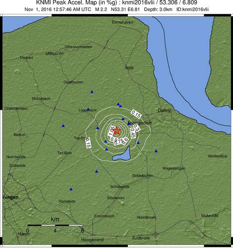 Shakemap (%g) van de aardbeving bij Wirdum (Gr.) met magnitude 2,2 op 1 november 2016. ©KNMI