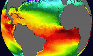 De zeewatertemperatuur in een klimaatsimulatie met het klimaatmodel EC-Earth.