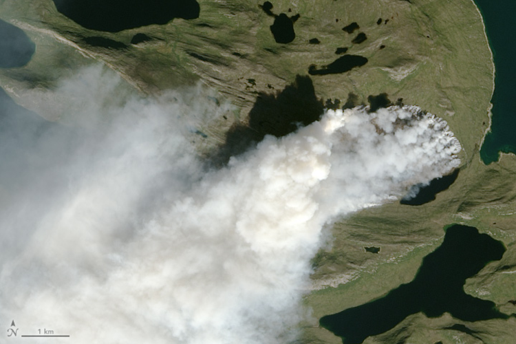 Satellietbeeld van de Groenlandse natuurbrand op 3 augustus 2017. De locatie van de brand is 67.87º N / 51.48º W, halverwege de westkant van de Groenlandse ijskap en de westkust. Bron: NASA.