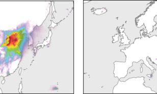 Figuur 1. Gemiddelde hoeveelheid atmosferisch SO2 gemeten met het OMI satellietinstrument voor de periode 2005-2014 in Oost Azie (links) en Europa (rechts). Voor de kleurenschaal zie Figuur 2. Bron: KNMI.