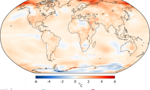 Figuur 1. Temperatuurverschil (lucht op 2m hoogte) tussen 2017 en het langjarig gemiddelde van 1981-2010. Spitsbergen was gedurende verscheidene maanden meer dan 6 °C warmer. Bron: ECMWF, C3S.