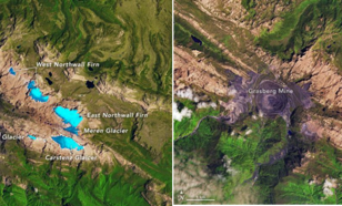 Figuur 1: Gletsjers (blauw) in het Sudirmangebergte bij Pucak Jaya, links in 1988 rechts in 2017 
