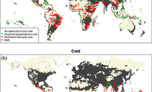 Wereldkaart met gebieden waarin warmte- of koude extremen goed te anticiperen zijn.