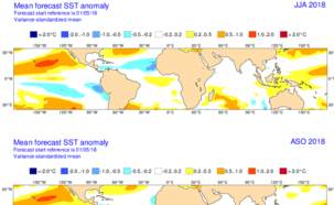 Verwachte zeewatertemperaturen ten opzichte van het langjarige gemiddelde (1981-2010) voor juni, juli, augustus en voor augustus, september, oktober (onder). Bron: ECMWF. 