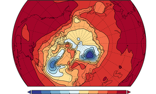 Effect van de toename (met 300%) van Arctische neerslag op de temperatuur nabij het aardoppervlak (in °C), gesimuleerd door het KNMI-klimaatmodel EC-Earth. 