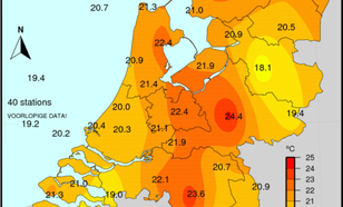 kaart van nederland met minimumtemperaturen tussen 2 uur 's nachts op vrijdag 27 juli en 2 uur 's nachts op zaterdag 28 juli 2018