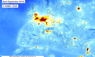 Beeld van de huidige NO2-concentratie in Europa. Metingen van Tropomi zijn gemiddeld over de periode april tot en met september 2018.