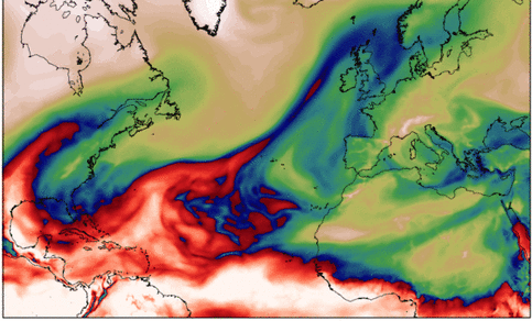 A figure showing the total column water vapour during at atmospheric river event in November/December 2011