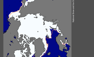 Kaart van zee-ijsoppervlak in het Noordpoolgebied op 15 maart 2013.