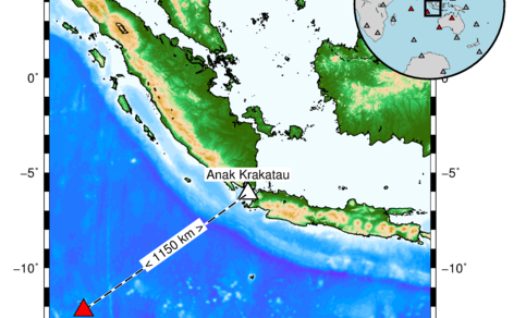 Omgeving van vulkaan Anak Krakatau met locatie van CTBTO infrageluid station I06AU (Cocos Islands) op 1150 km afstand. De locaties van CTBTO infrageluid stations die de eruptie hebben gemeten zijn met rood aangemerkt in het kaartje rechtsboven.