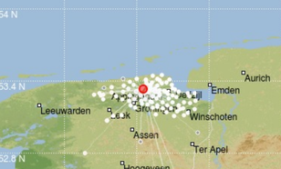 kaartje met bij de rode stip de aardbeving bij Westerwijtwerd