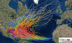 Kaart met paden van de meest sterke orkanen (categorie 4 en 5) sinds 1842. 
